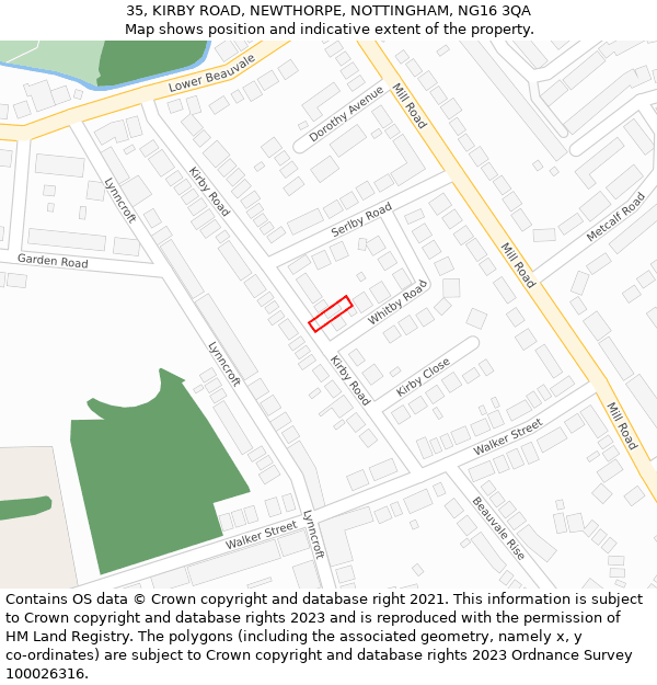 35, KIRBY ROAD, NEWTHORPE, NOTTINGHAM, NG16 3QA: Location map and indicative extent of plot
