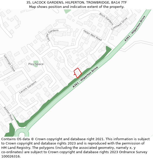 35, LACOCK GARDENS, HILPERTON, TROWBRIDGE, BA14 7TF: Location map and indicative extent of plot