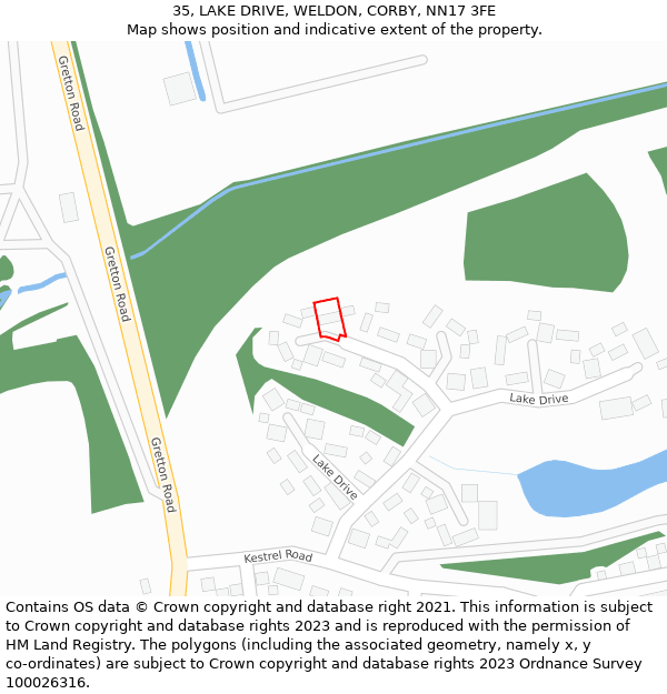 35, LAKE DRIVE, WELDON, CORBY, NN17 3FE: Location map and indicative extent of plot