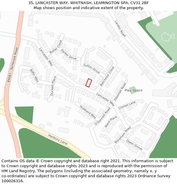 35, LANCASTER WAY, WHITNASH, LEAMINGTON SPA, CV31 2BF: Location map and indicative extent of plot