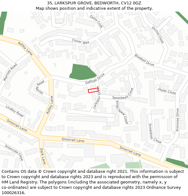 35, LARKSPUR GROVE, BEDWORTH, CV12 0GZ: Location map and indicative extent of plot