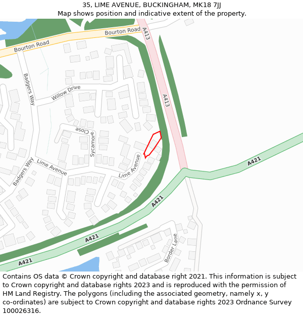 35, LIME AVENUE, BUCKINGHAM, MK18 7JJ: Location map and indicative extent of plot