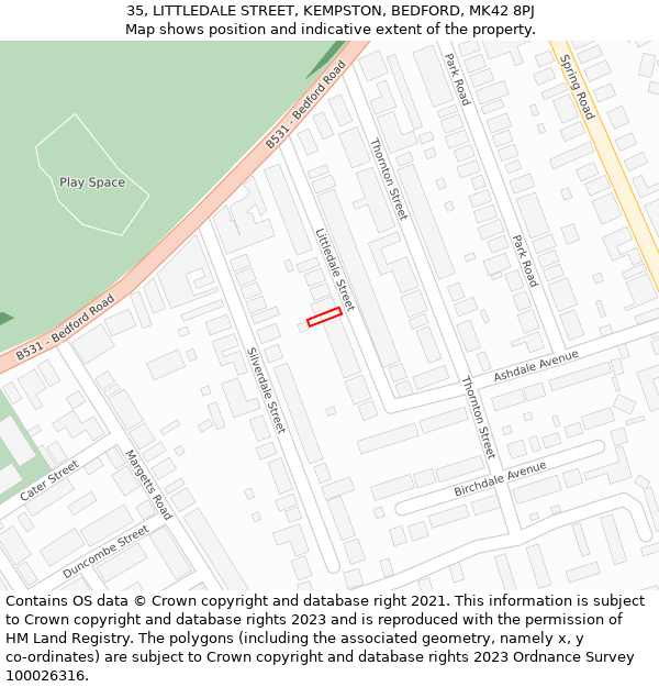 35, LITTLEDALE STREET, KEMPSTON, BEDFORD, MK42 8PJ: Location map and indicative extent of plot