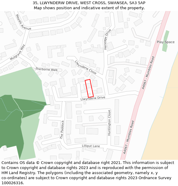 35, LLWYNDERW DRIVE, WEST CROSS, SWANSEA, SA3 5AP: Location map and indicative extent of plot