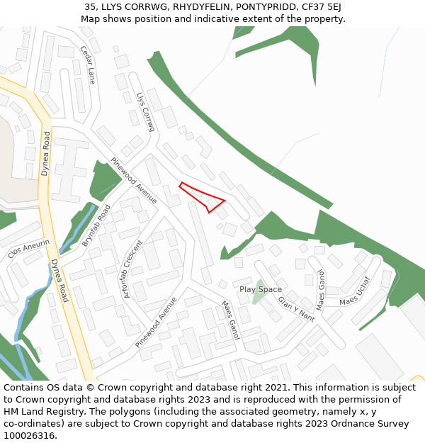 35, LLYS CORRWG, RHYDYFELIN, PONTYPRIDD, CF37 5EJ: Location map and indicative extent of plot