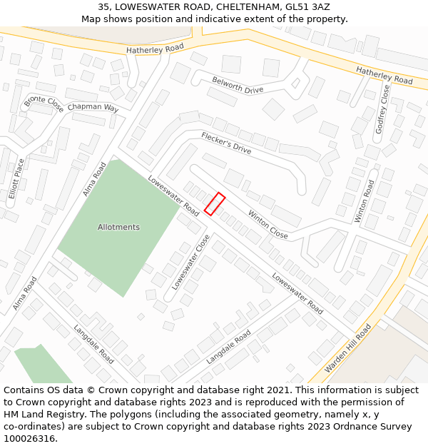 35, LOWESWATER ROAD, CHELTENHAM, GL51 3AZ: Location map and indicative extent of plot