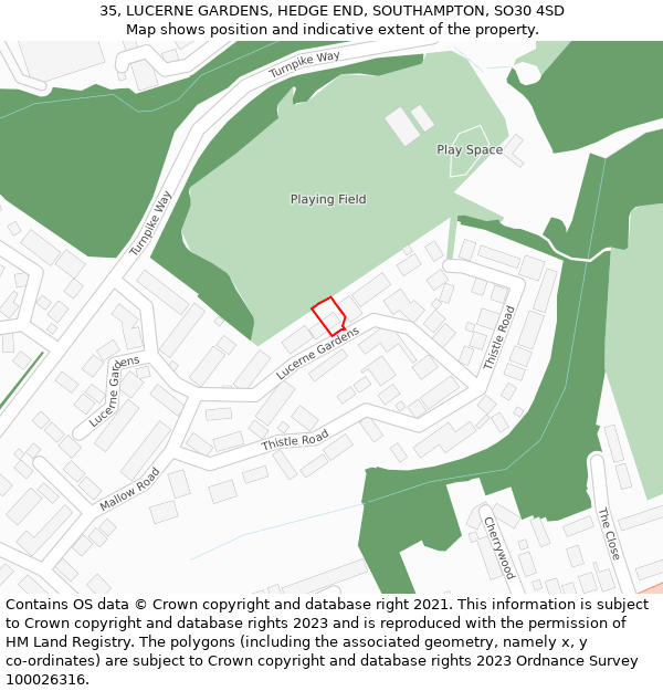 35, LUCERNE GARDENS, HEDGE END, SOUTHAMPTON, SO30 4SD: Location map and indicative extent of plot