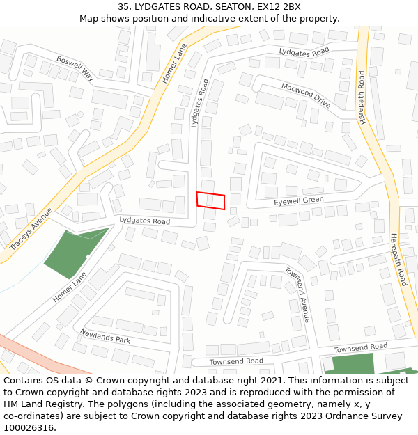 35, LYDGATES ROAD, SEATON, EX12 2BX: Location map and indicative extent of plot