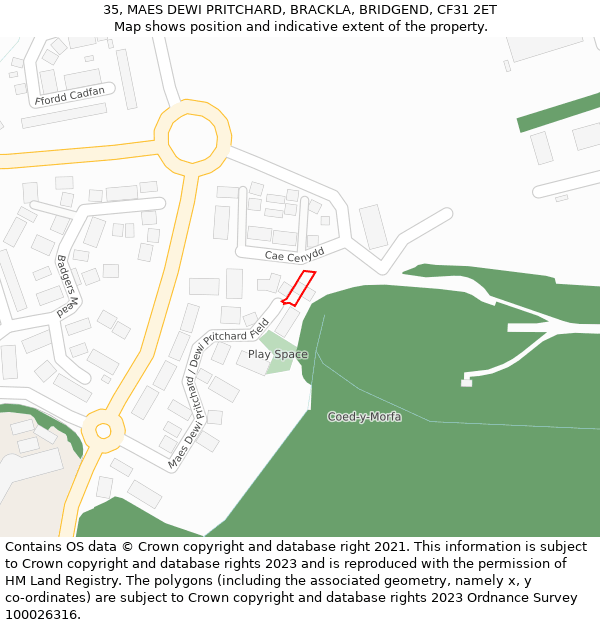 35, MAES DEWI PRITCHARD, BRACKLA, BRIDGEND, CF31 2ET: Location map and indicative extent of plot