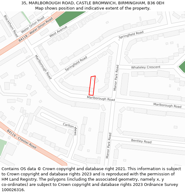 35, MARLBOROUGH ROAD, CASTLE BROMWICH, BIRMINGHAM, B36 0EH: Location map and indicative extent of plot