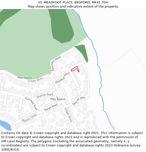 35, MEADFOOT PLACE, BEDFORD, MK41 7GH: Location map and indicative extent of plot