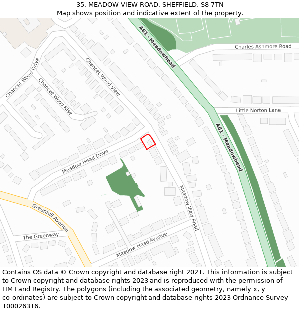 35, MEADOW VIEW ROAD, SHEFFIELD, S8 7TN: Location map and indicative extent of plot