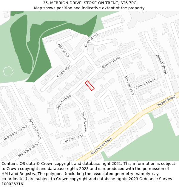 35, MERRION DRIVE, STOKE-ON-TRENT, ST6 7PG: Location map and indicative extent of plot