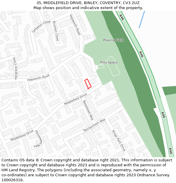 35, MIDDLEFIELD DRIVE, BINLEY, COVENTRY, CV3 2UZ: Location map and indicative extent of plot