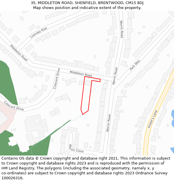 35, MIDDLETON ROAD, SHENFIELD, BRENTWOOD, CM15 8DJ: Location map and indicative extent of plot