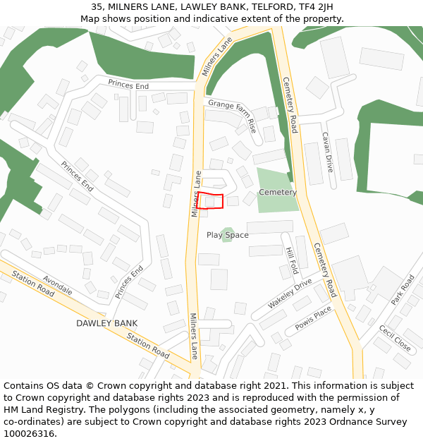 35, MILNERS LANE, LAWLEY BANK, TELFORD, TF4 2JH: Location map and indicative extent of plot