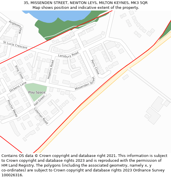 35, MISSENDEN STREET, NEWTON LEYS, MILTON KEYNES, MK3 5QR: Location map and indicative extent of plot