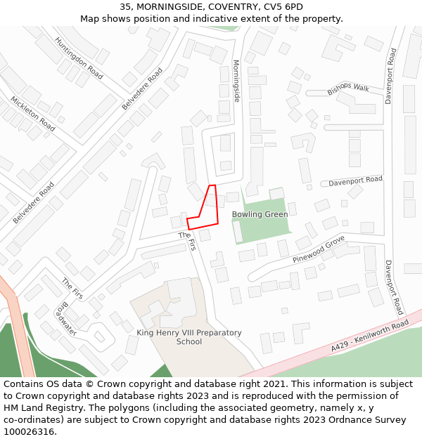 35, MORNINGSIDE, COVENTRY, CV5 6PD: Location map and indicative extent of plot