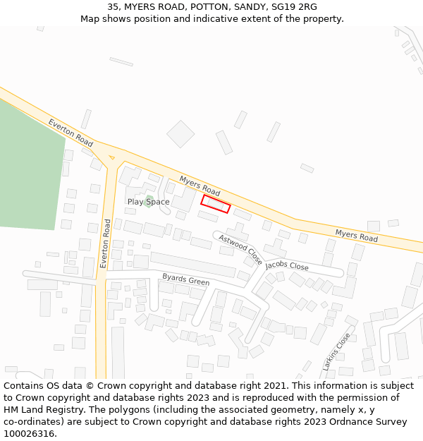 35, MYERS ROAD, POTTON, SANDY, SG19 2RG: Location map and indicative extent of plot