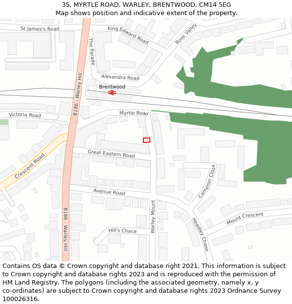 35, MYRTLE ROAD, WARLEY, BRENTWOOD, CM14 5EG: Location map and indicative extent of plot