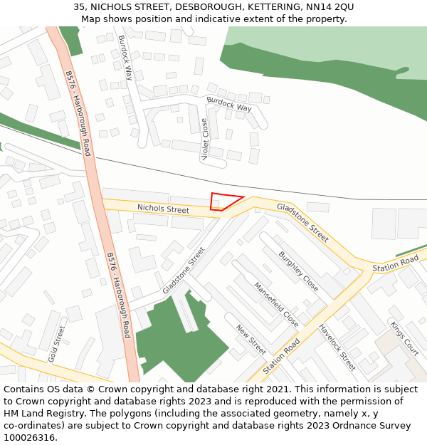 35, NICHOLS STREET, DESBOROUGH, KETTERING, NN14 2QU: Location map and indicative extent of plot
