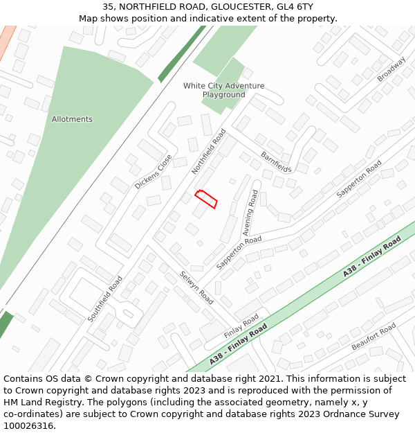 35, NORTHFIELD ROAD, GLOUCESTER, GL4 6TY: Location map and indicative extent of plot