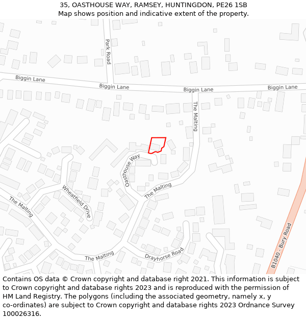35, OASTHOUSE WAY, RAMSEY, HUNTINGDON, PE26 1SB: Location map and indicative extent of plot