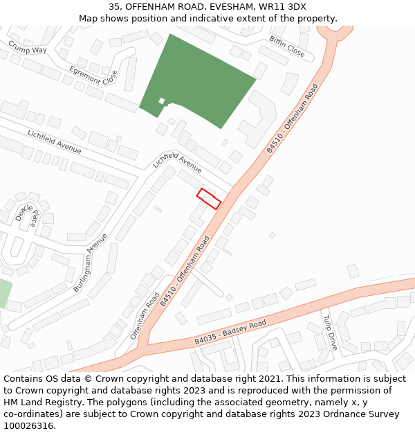 35, OFFENHAM ROAD, EVESHAM, WR11 3DX: Location map and indicative extent of plot