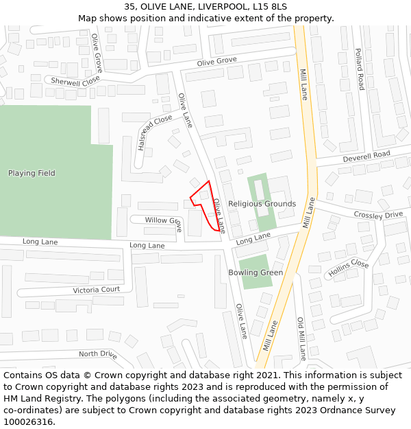 35, OLIVE LANE, LIVERPOOL, L15 8LS: Location map and indicative extent of plot