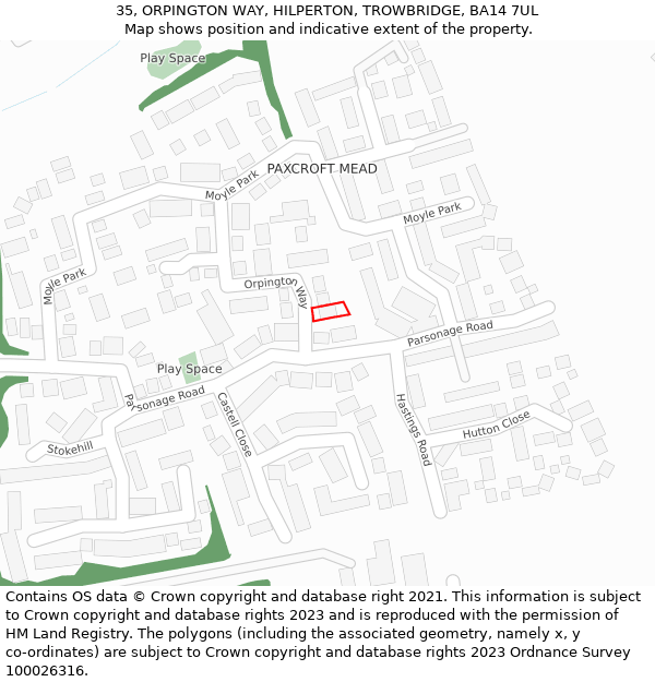 35, ORPINGTON WAY, HILPERTON, TROWBRIDGE, BA14 7UL: Location map and indicative extent of plot