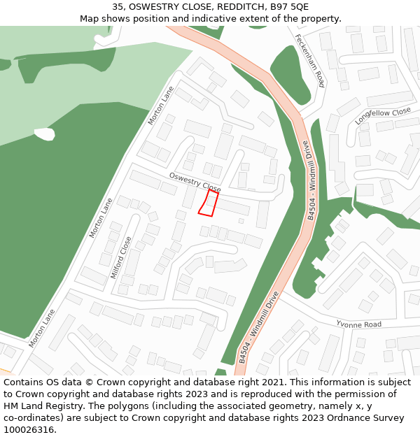 35, OSWESTRY CLOSE, REDDITCH, B97 5QE: Location map and indicative extent of plot