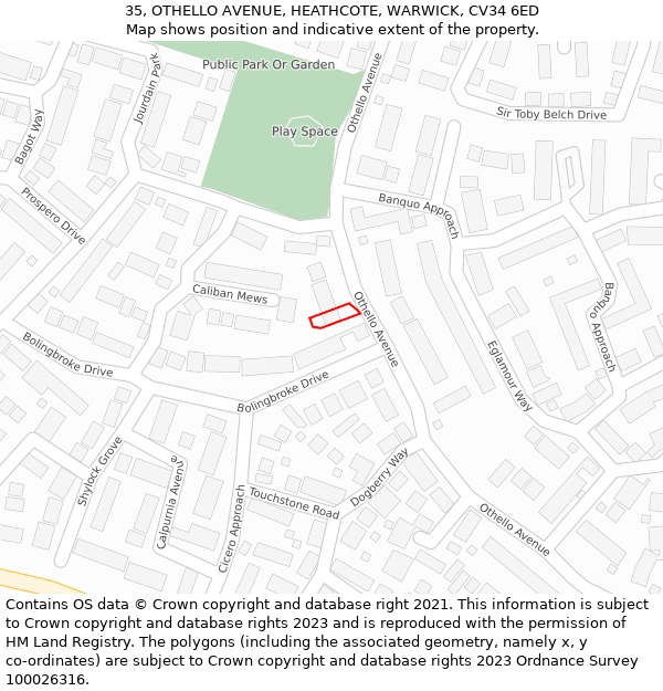 35, OTHELLO AVENUE, HEATHCOTE, WARWICK, CV34 6ED: Location map and indicative extent of plot