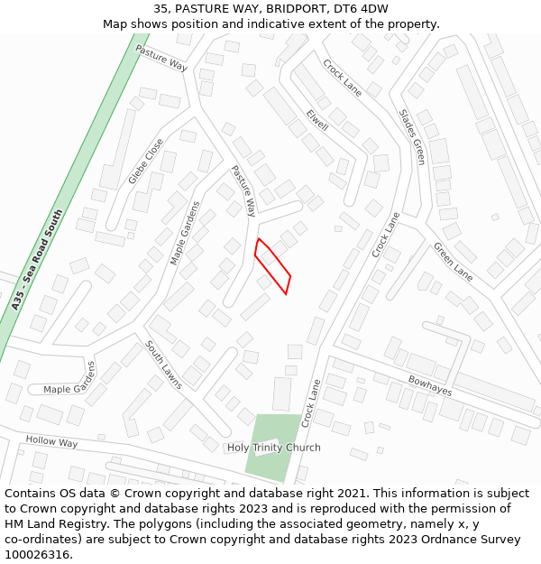 35, PASTURE WAY, BRIDPORT, DT6 4DW: Location map and indicative extent of plot