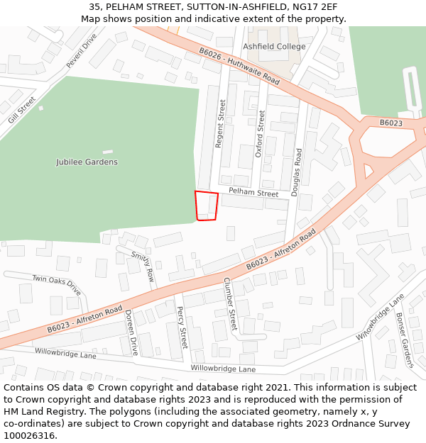 35, PELHAM STREET, SUTTON-IN-ASHFIELD, NG17 2EF: Location map and indicative extent of plot