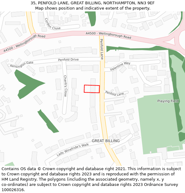 35, PENFOLD LANE, GREAT BILLING, NORTHAMPTON, NN3 9EF: Location map and indicative extent of plot