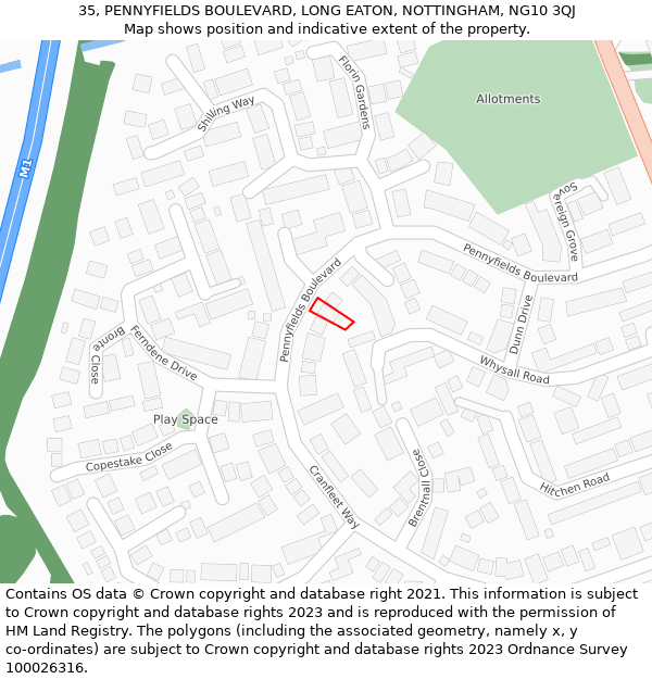 35, PENNYFIELDS BOULEVARD, LONG EATON, NOTTINGHAM, NG10 3QJ: Location map and indicative extent of plot