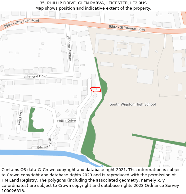 35, PHILLIP DRIVE, GLEN PARVA, LEICESTER, LE2 9US: Location map and indicative extent of plot