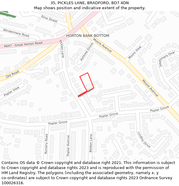 35, PICKLES LANE, BRADFORD, BD7 4DN: Location map and indicative extent of plot