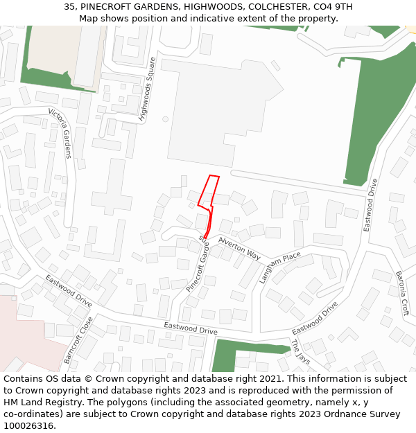 35, PINECROFT GARDENS, HIGHWOODS, COLCHESTER, CO4 9TH: Location map and indicative extent of plot