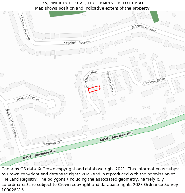 35, PINERIDGE DRIVE, KIDDERMINSTER, DY11 6BQ: Location map and indicative extent of plot