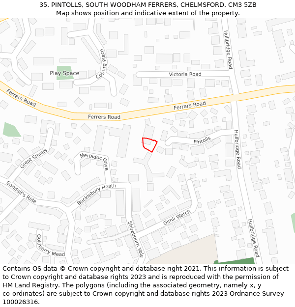 35, PINTOLLS, SOUTH WOODHAM FERRERS, CHELMSFORD, CM3 5ZB: Location map and indicative extent of plot