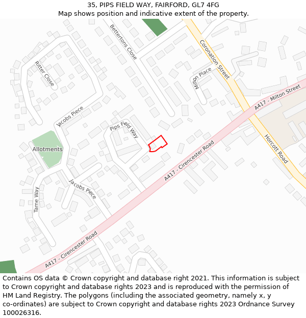 35, PIPS FIELD WAY, FAIRFORD, GL7 4FG: Location map and indicative extent of plot