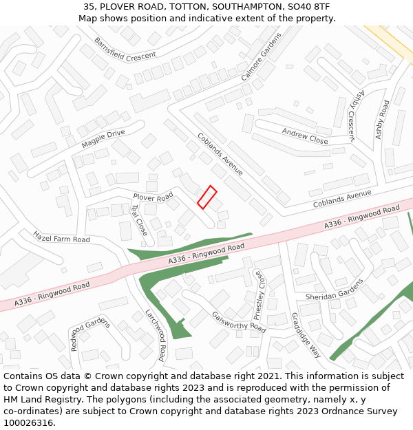 35, PLOVER ROAD, TOTTON, SOUTHAMPTON, SO40 8TF: Location map and indicative extent of plot