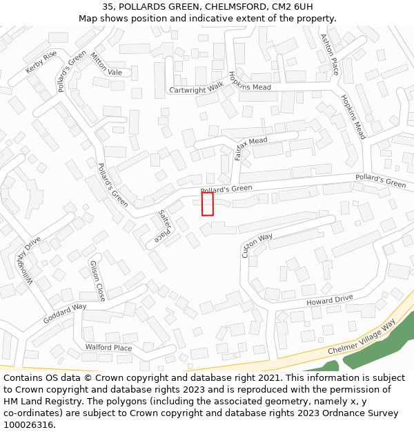 35, POLLARDS GREEN, CHELMSFORD, CM2 6UH: Location map and indicative extent of plot