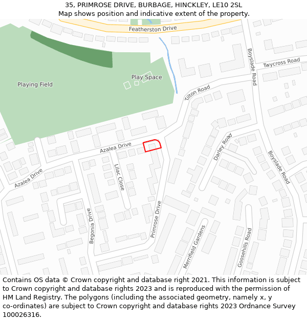 35, PRIMROSE DRIVE, BURBAGE, HINCKLEY, LE10 2SL: Location map and indicative extent of plot