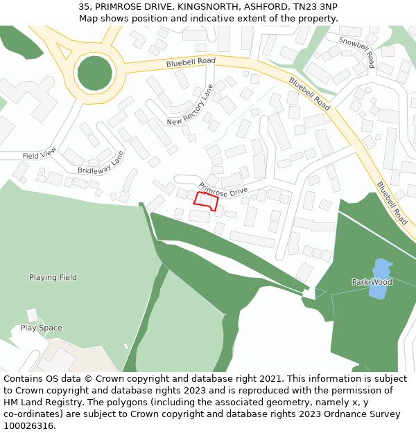 35, PRIMROSE DRIVE, KINGSNORTH, ASHFORD, TN23 3NP: Location map and indicative extent of plot