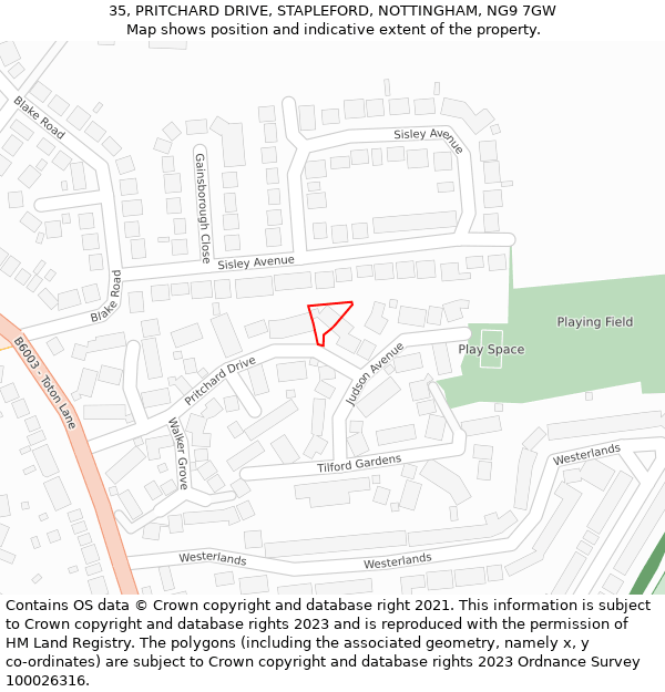 35, PRITCHARD DRIVE, STAPLEFORD, NOTTINGHAM, NG9 7GW: Location map and indicative extent of plot