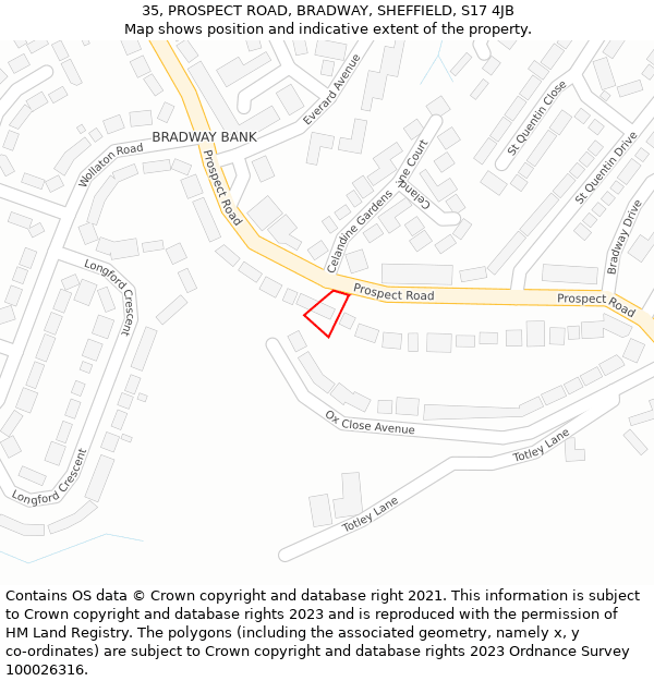 35, PROSPECT ROAD, BRADWAY, SHEFFIELD, S17 4JB: Location map and indicative extent of plot