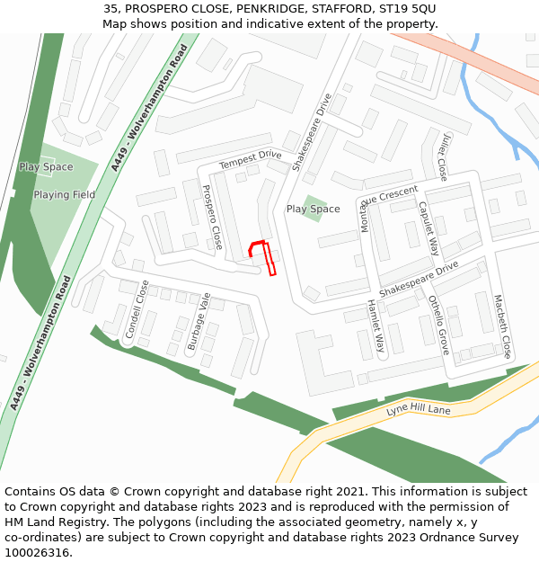 35, PROSPERO CLOSE, PENKRIDGE, STAFFORD, ST19 5QU: Location map and indicative extent of plot