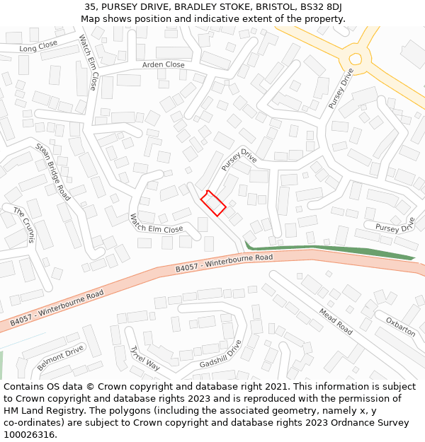 35, PURSEY DRIVE, BRADLEY STOKE, BRISTOL, BS32 8DJ: Location map and indicative extent of plot